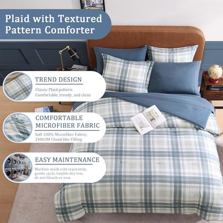 AMBERSPACE Full Size Comforter Sets, Blue Grey Plaid Bedding Set 7 Piece for Boys Girls Teen, Classic Homestead-Style Kids Comforter Set Bed in A Bag with Sheets, Pillowcases & Shams AMBERSPACE