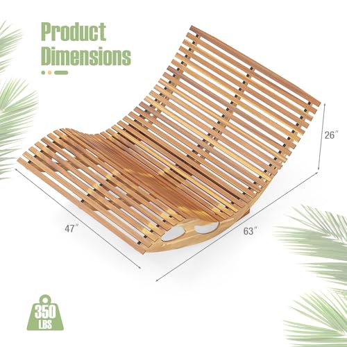 Tangkula Outdoor Double Chaise Lounge Chair, Acacia Wood Rocking Sunbed with Slatted Backrest and Seat, Wooden Loveseat Rocker for Patio, Garden and Poolside