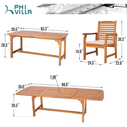 PHI VILLA 9 Pieces Acacia Wood Patio Dining Set for 8, Expandable Teak Dining Table & Wooden Chairs with Cushions, Farmhouse Dining Furniture Set for Outdoor Deck, Yard, Porch PHI VILLA