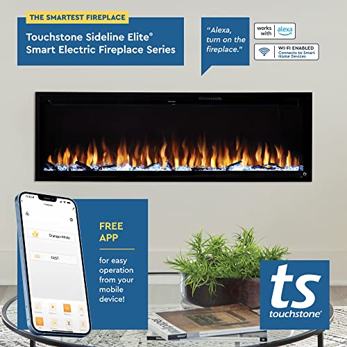 Touchstone Sideline Elite Smart 72” WiFi-Enabled Electric Fireplace - 80038 - in-Wall Recessed - 60 Color Combinations - 1500/750 Watt Heater (68-88°F Thermostat) - Black - Log, Crystals & Driftwood