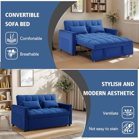 3 In 1 Velvet Convertible Sofa Bed, Pull Out Couch Bed with Reclining Backrest And 2 Pillows, 54" Full Size Loveseat Sleeper Sofa Futon Couch Beds, Couches For Small Spaces, Living Room (Dark Blue) Xinmviec