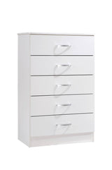 HODEDAH 5 Drawer Wood Dresser for Bedroom, Chest of Drawers with Metal Rails for Support when Storing Clothing, White Hodedah