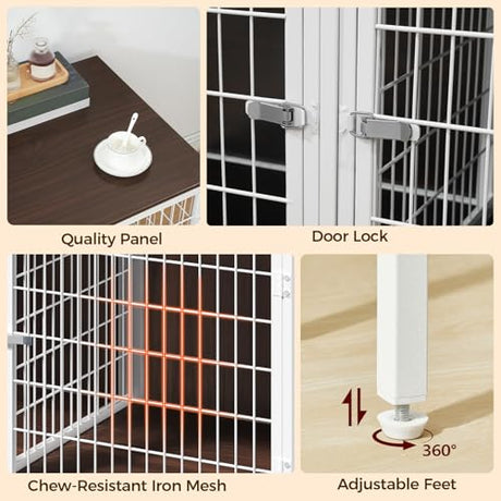 MAHANCRIS Dog Crate Furniture for 2 Dogs, 43.3" Dog Kennel with Removable Divider, Heavy Sturdy Dog Furniture Style Double Cage for Small Medium Dogs, Indoor Pet House End Table, White and Walnut MAHANCRIS