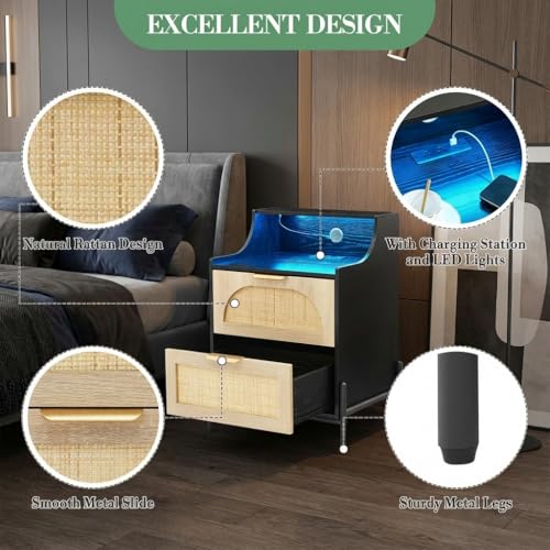 Rattan Nightstand, Modern Bedside Table with Led Lights and 2 Drawers, Black Nightstand with Charging Station, Wooden Bedside Table, Suitable for Bedrooms and Small Spaces, Black IDEALHOUSE
