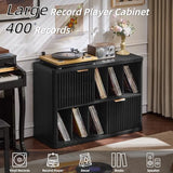 LEYAOYAO Large Record Player Stand with Vinyl Storage Up to 450 Albums, Wood Fluted Boho Record Storage Accent Cabinet, Modern Stereo Media Cabinets, Wide Turntable Stand for Living Room, Black Oak LEYAOYAO