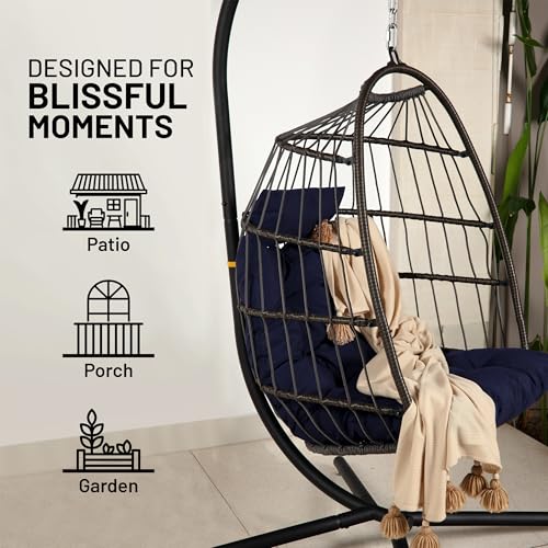 SereneLife Egg Chair with Stand – Hanging Rattan Wicker Swing for Indoor Outdoor Use – 350 lbs Capacity, Breathable Cushion & Headrest – Patio, Balcony, Porch, Bedroom Lounge Furniture SereneLife