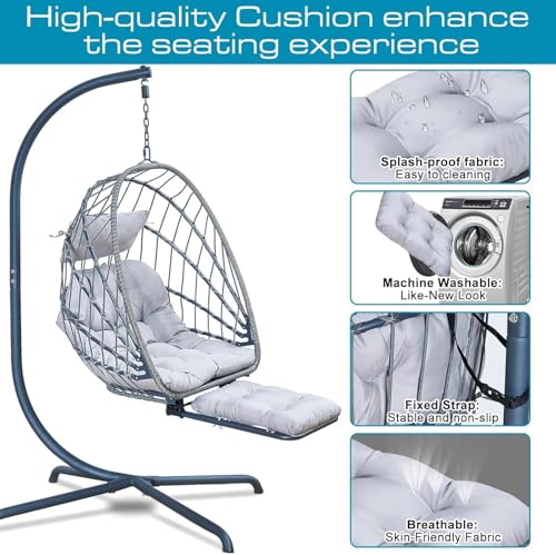 Hanging Egg Chair with Leg Rest and Stand – Rattan Wicker Swing Hammock Chair, UV-Resistant Cushion, Heavy-Duty Frame for Indoor & Outdoor Patio, Bedroom, Balcony, Garden – 330 lbs Capacity(Grey) Outlux