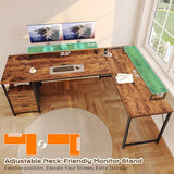 PRAISUN 63 Inch L Shaped Desk with Power Outlets and USB-C Port, Computer Corner Home Office Desk with File Fabric Drawers and Movable Monitor Stand, Larger Storage, Gaming, Writing, Rustic Brown PRAISUN