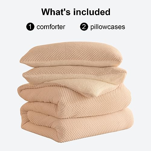 LLanCL 3D Jacquard Design Comforter Set, Ultra-Soft Warm Queen Size Sherpa Fur Plush 3-Pieces Sets Luxury Cozy Bedding with 2 Pillowcases (90"x90", Cream White) LLanCL