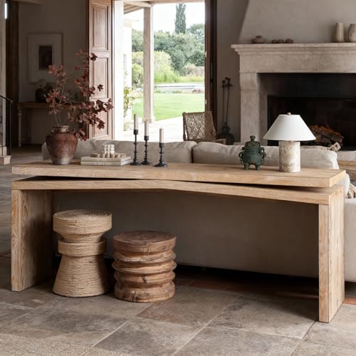 HZSSDTKJ 65-Inch Rustic Solid Wood Veneer Long Console Table, Farmhouse Entryway Sofa Side Table for Living Room, Hallway, Behind Couch and Apartment, Easy Assembly (Antique Natural-04) HZSSDTKJ