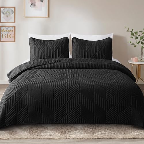 Exclusivo Mezcla Ultrasonic Full Queen Quilt Bedding Set, Lightweight Black Bedspreads Soft Modern Geometric Coverlet Set for All Seasons (1 Quilt and 2 Pillow Shams) Exclusivo Mezcla