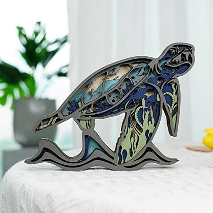 Tivisiy 3D Wooden Animals Carving, Sea Turtle Cabin Decor Wooden Animal Statues Rustic Wall Decor Art for Home Bedroom Farmhouse Room Mountain Wall Decor for Birthday Gifts