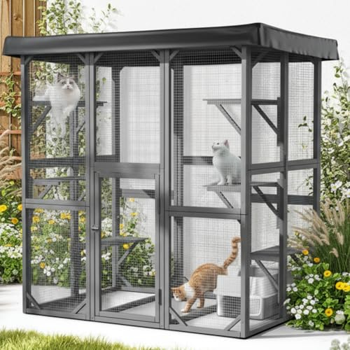 71inch Large Catio Outdoor Cat Enclosure with Weatherproof Cover, Perches and Condo, Walk in Cat House for Multiple Cats Outside PawGiant
