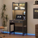 LVSOMT Home Office Desk with Hutch and Drawers, Modern Computer Gaming Desk with LED Lights & Power Outlets, Black Study Table with Storage Shelves, Teen Writing Desk for Bedroom, 31.5'' W LVSOMT