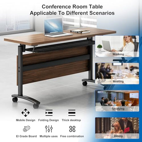 Mobile Conference Table,Modular Meeting Seminar Table,Portable Rolling Conference Training Table with Silent wheels,Folding Flip Top Conference Room Tables for Office,Classroom,Meeting (8pcs, 47.2in) Relgix