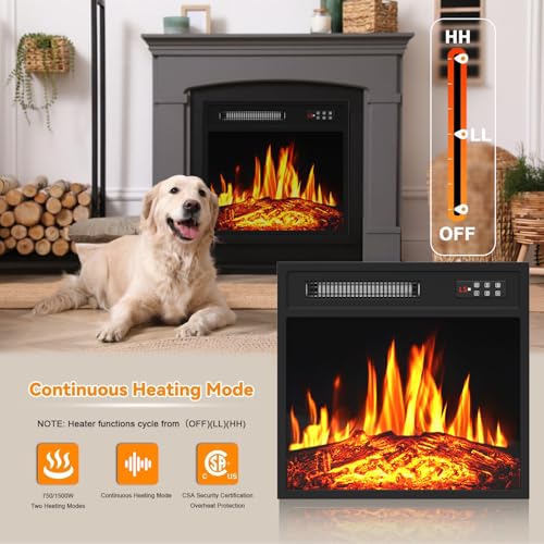 PRETZI 18" Electric Fireplace Insert, Recessed Fireplace Heater with 8H Timer, Remote & Control Panel, Fireplace Insert for TV Stand with Adjustable LED Realistic Flame, 750/1500W PRETZI
