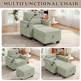 Small Chaise Lounge Chair Indoor with Ottoman&Adjustable Backrest,Chenille Tufted Recliner Comfy Sofa Chair with USB,Phone Holder&Storage Arms,Convertible Sleeper Couch Bed for Living Room(37"W,Cyan)