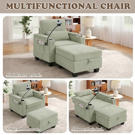 Small Chaise Lounge Chair Indoor with Ottoman&Adjustable Backrest,Chenille Tufted Recliner Comfy Sofa Chair with USB,Phone Holder&Storage Arms,Convertible Sleeper Couch Bed for Living Room(37"W,Cyan) Duigonp