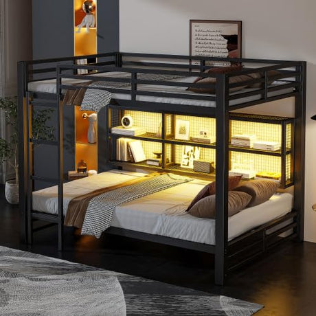Harper & Bright Designs Queen Over Queen Bunk Bed with Storage Cabinets and LED Lights, Metal Bunk Bed Frame for Kids Teens, Black Harper & Bright Designs