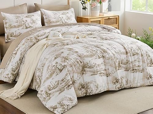 WONGS BEDDING Brown Comforter Set Queen Size, 7 Pieces Botanical Comforters with Sheets, Soft Microfiber Farmhouse Floral Complete Bedding Sets for All Season WONGS BEDDING