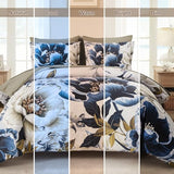 Dintszyayue Brown Comforter Set King Size, 7 Pieces Floral Bed in a Bag Set, Texture Blue Flower Bedding Sets, Soft Microfiber for All Season with Flat Sheet Fitted Sheets Pillowcases and Shams Dintszyayue