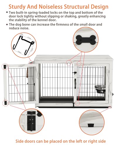 Piskyet Wooden Dog Crate Furniture with 360°Rotatable Removable Dog Bowls, Dog Crate End Table with Tray, Double Doors Dog Kennels for Dogs(XL:43.2" L*28.6" W*30.3" H, Marble White) Piskyet