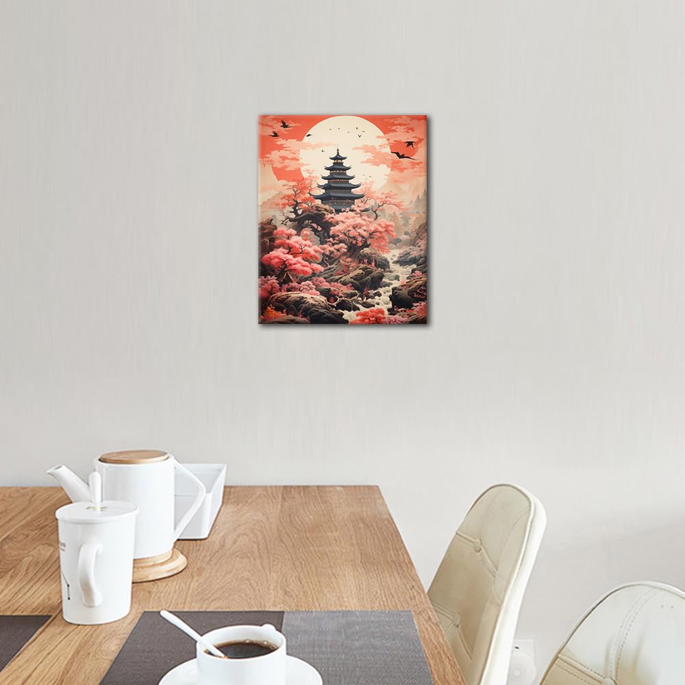 TUMOVO Pagoda Paint by Number Kits for Adults Beginners Pink Cherry Blossom Painting by Numbers Frameless DIY Oil Painting Kit Drawing Paintwork for Gift Home Wall Decor 16x20 Inch TUMOVO