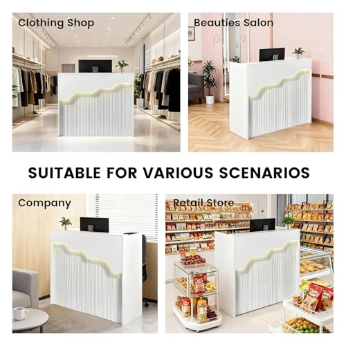 Small Reception Desk with Counter LED Lights,Modern Front Desk Checkout Counter with Lockable Drawer,Wooden Reception Room Tables, Cash Register Stand for Salon,Retail,Office,Lobby(White, 47.2in) WUIOYNF