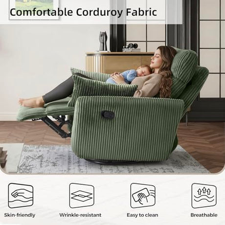 Swivel Recliner Chair for Adults, Corduroy Nursery Glider Rocking Chair, Armchair with 2 Pillows, Comfy High Back Reclining for Small Spaces, Nursery Bedroom Living Room (Corduroy Green, 1 Pack) UNUQLIVCO