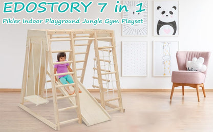 EDOSTORY 7 in 1 Pikler Indoor Playground Jungle Gym Playset, Wooden Montessori Climber with Slide, Rock Climb Wall, Monkey Bars, Rope Ladder, Climbing Rope and Swing for Kids（Natural）