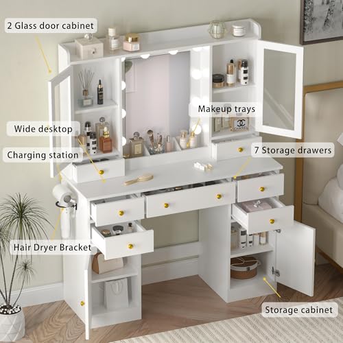Wodeer Vanity Desk with Mirror and Lights, 43" White Makeup Vanity Set with 5 Drawers & Glass Cabinets, Makeup Tray, Power Outlet & Adjustable LED Lights, Dressing Table for Women & Girls Bedroom Wodeer