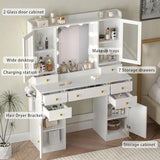 Wodeer Vanity Desk with Mirror and Lights, 43" White Makeup Vanity Set with 5 Drawers & Glass Cabinets, Makeup Tray, Power Outlet & Adjustable LED Lights, Dressing Table for Women & Girls Bedroom Wodeer