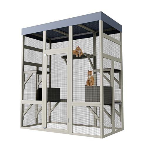 70" Large Outdoor Catio Cat Enclosure, Wood Cat Patio with Waterproof UV-Resistant Roof, Cats Shelter with 5 Platforms and 2 Resting Box, and Secure Rust-Proof Wire for Backyard or Patio IDEALHOUSE