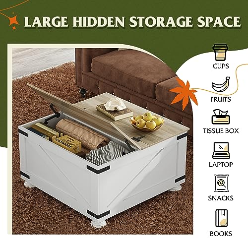 WLIVE Farmhouse Coffee Table,Square Wood Coffee Table with Storage,Center Table for Living Room,Home Office,White WLIVE