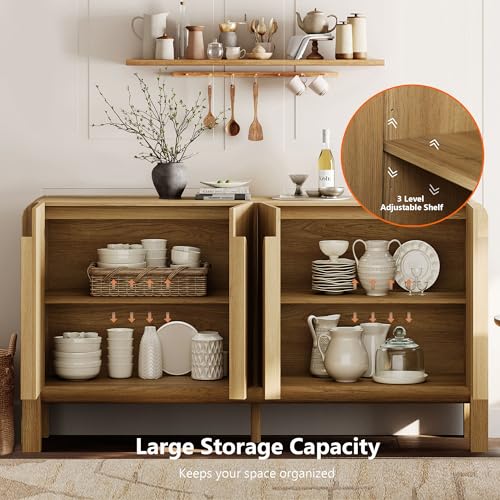 WAMPAT 63" W Large Buffet Sideboard Cabinet with Storages, Modern Buffet Table Coffee Bar Wine Bar Storage Curved Cabinet with 4 Doors for Dining Room, Living Room, Kitchen, Light Walnut WAMPAT