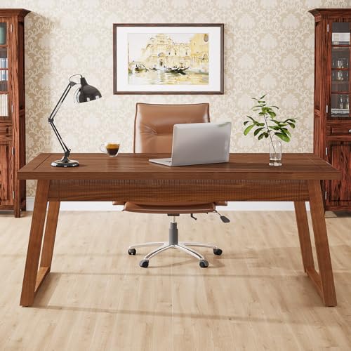 Tribesigns Home Office Executive Desk: 55 Inches Solid Wood Computer Desk with Drawer, Mid-Century Modern Study Writing Table, Rustic PC Laptop Desk Workstation Furniture, Walnut Brown Tribesigns