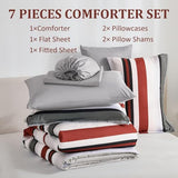 WONGS BEDDING Queen Comforter Set, 7 Pieces Comforter Set Queen, Red Bed in a Bag, Soft Micorfiber Striped Bedding Set with Comforter, Flat Sheet, Fitted Sheet, Pillow Shams, Pillowcase WONGS BEDDING