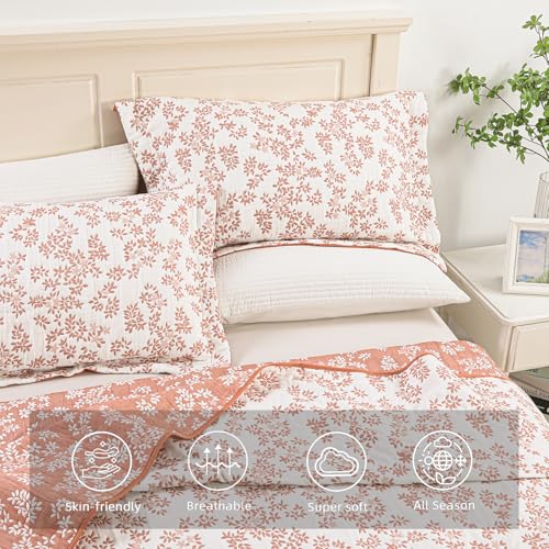 Marina Decoration Jacquard Embroidered Stitching Coverlet Bedspread Ultra Soft Bedding Solid 2 Piece Summer Quilt Set with 1 Quilted Sham, Pink Floral Twin/Single Size Marina Decoration