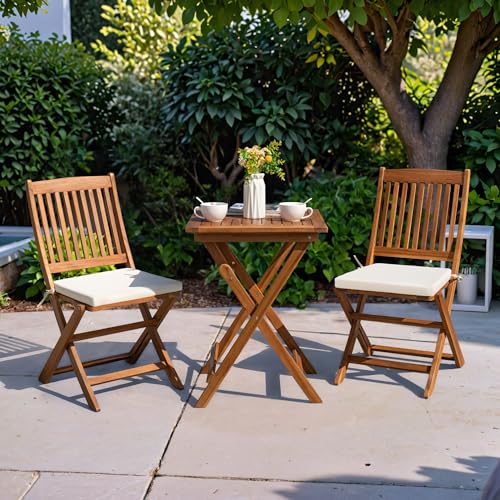 Greesum 3 Piece Patio Folding Furniture Bistro Set with 2 Cushions for Pool Beach Backyard Balcony Porch Deck Garden, Acacia Wood - WoodArtSupply