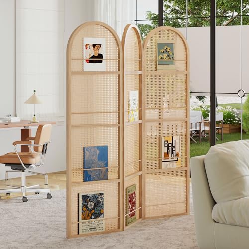 Rattan Room Divider with Bookshelf,Foldable Privacy Screen Partition,Wooden Frame,Natural Portable for Living Room,Bedroom Home,Office Reading Nook (Natural, 3 Panels) Svimi