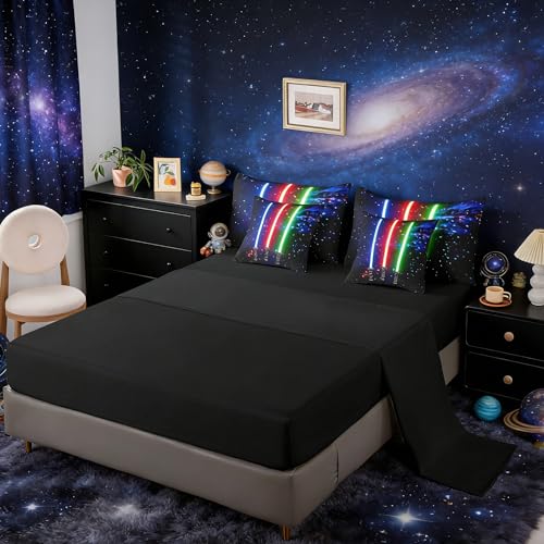 Feelyou 3D Galaxy Lightsaber Comforter Set with Sheets Green Blue Red Lightsaber 7 Piece Bedding Set Full Size for Kids Boys Girls Bedroom Bed Decor Lightsaber Bed in a Bag Neon Lightsaber Bed Set Feelyou