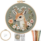 FONNUY Printed Deer and Floral Embroidery Kit with Hoop, Cross Stitch Kits for Beginners, Handmade Crafts, Easy to Follow Color Thread Needlework, 8'' Hoop (Deer and Blossoms)