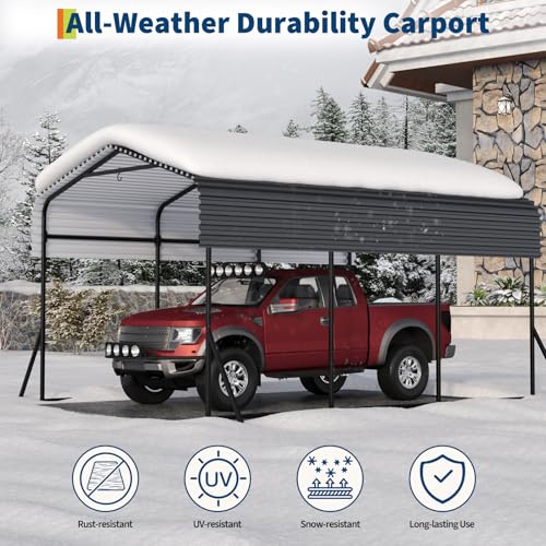GarveeTech Metal Carport, 10x15 FT Outdoor Carport Canopy with Reinforced Base and Galvanized Steel Roof, Heavy Duty Garage Car Shelter Shade for SUV, Truck, Boats GarveeTech