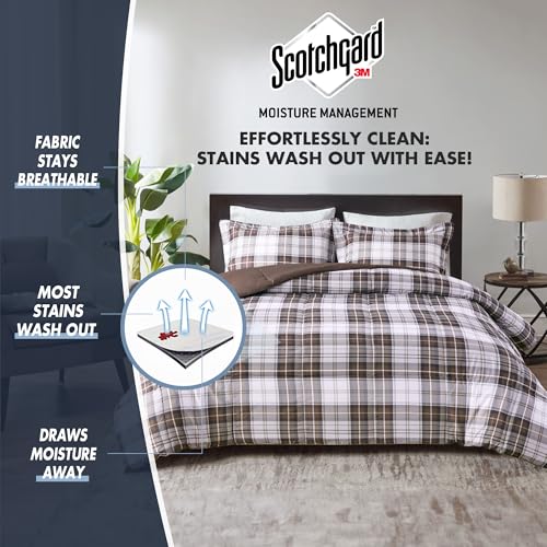 Madison Park Essentials Parkston Plaid Comforter, Matching Sham, 3M Scotchguard Stain Release Cover, Hypoallergenic All Season Bedding-Set, Full/Queen, Brown, 3 Piece Madison Park