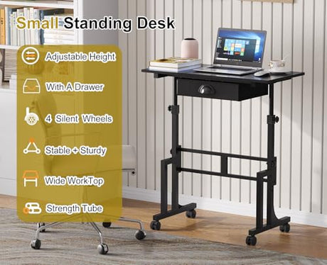 Adjustable Height Standing Desk With Drawer, Rolling Sit Stand Up Desk With Wheels, Small Sit To Stand Computer Desk, Adjustable Desktop Height, On Wheels, Black, For Walking Pad Laptop Treadmill Cidaziya