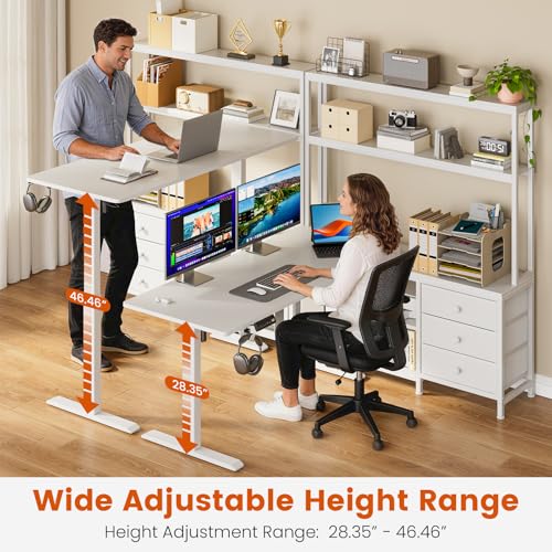 REAHOME 65" L Shaped Standing Desk with Storage, Height Adjustable Electric Sit Stand Up Desk with Hutch & Drawers, Charging Station, LED Light, Cable Management, Home Office Desk, White REAHOME