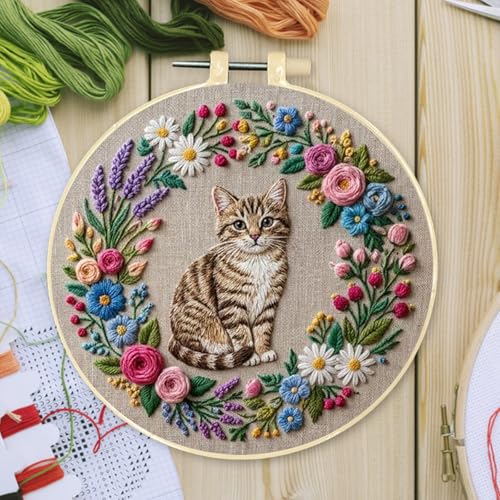 FRANDEK Cute Cat Stamped Embroidery Kit for Beginners Adults, DIY Needlework with Bamboo Hoop Pre-Printed Cotton Fabric, Complete Craft Gift for Women Home Decor