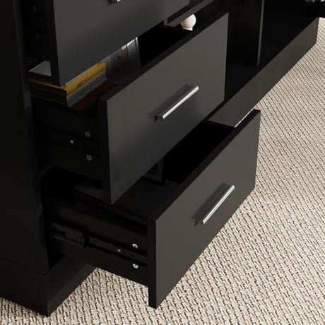 Hitow L Shaped Standing Desk Height Adjustable, 63" W Electric Sit Stand Desk with Drawers & Storage Cabinet, Reversible Home Office Table Corner Computer Workstation, Modern Black (29.1"-44" H) Hitow