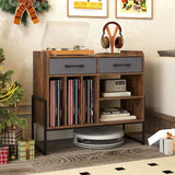 Giantex Large Record Player Stand with Charging Station, Modern Turntable Stand w/2 Fabric Drawers & Adjustable Shelf, Record Player Table, Vinyl Record Storage for Living Room (Rustic Brown) Giantex