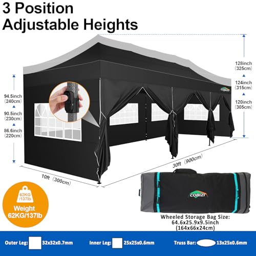 COBIZI 10x30 Pop up Canopy Tent 10x30 Canopy with 8 Sidewalls Waterproof Heavy Duty Commercial Tent for Parties Outdoor Garden Gazebo, Carry Bag with Wheel(10x30ft, Black) COBIZI